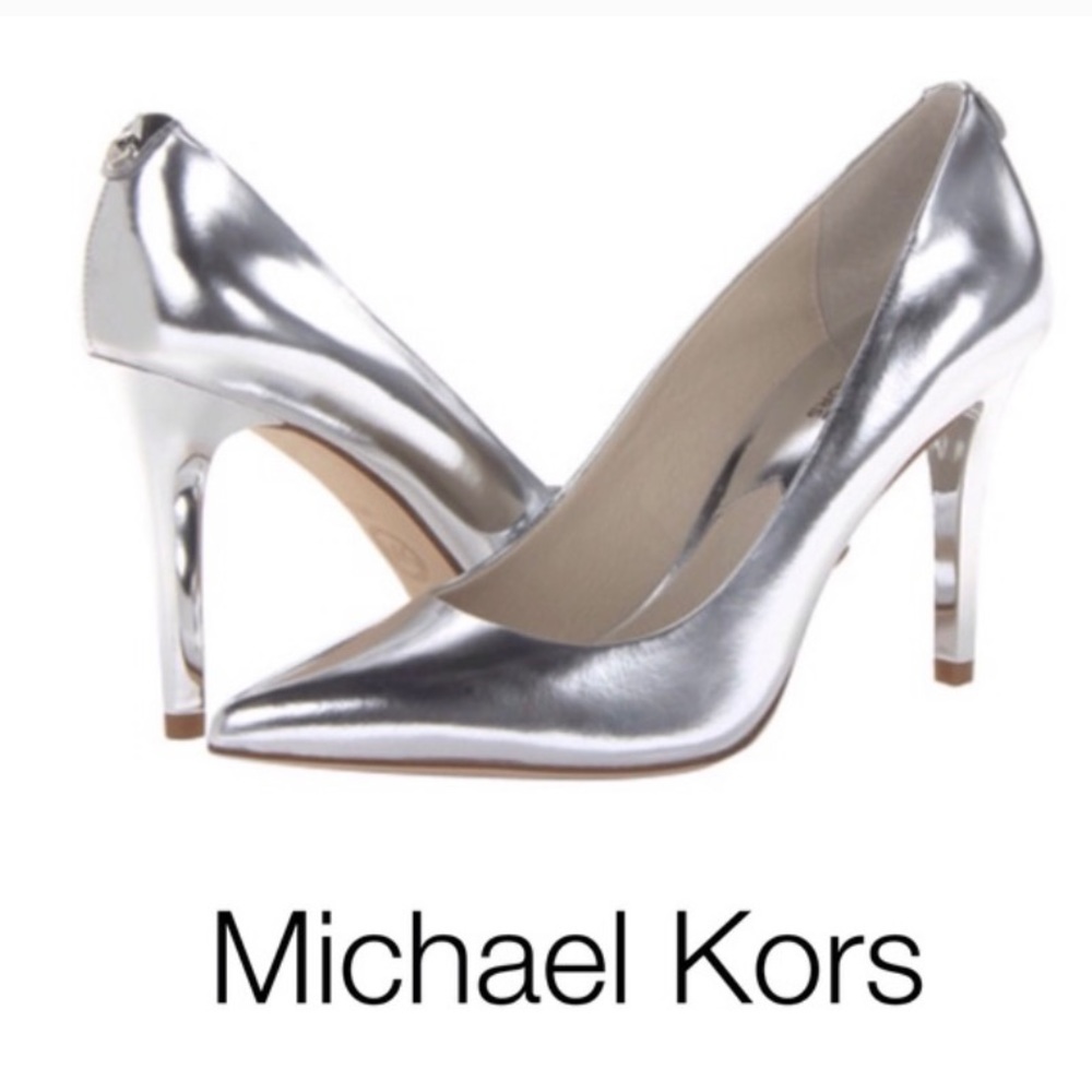 Michael Kors Elisa Silver Metallic Leather Pump High Heel pointed Toe Sz 8.5